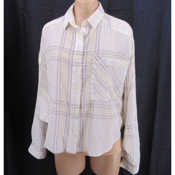 Free People Tops - Free People Ivory Cutie Plaid Crop Top M Button Front Dolman Sleeves OB613778